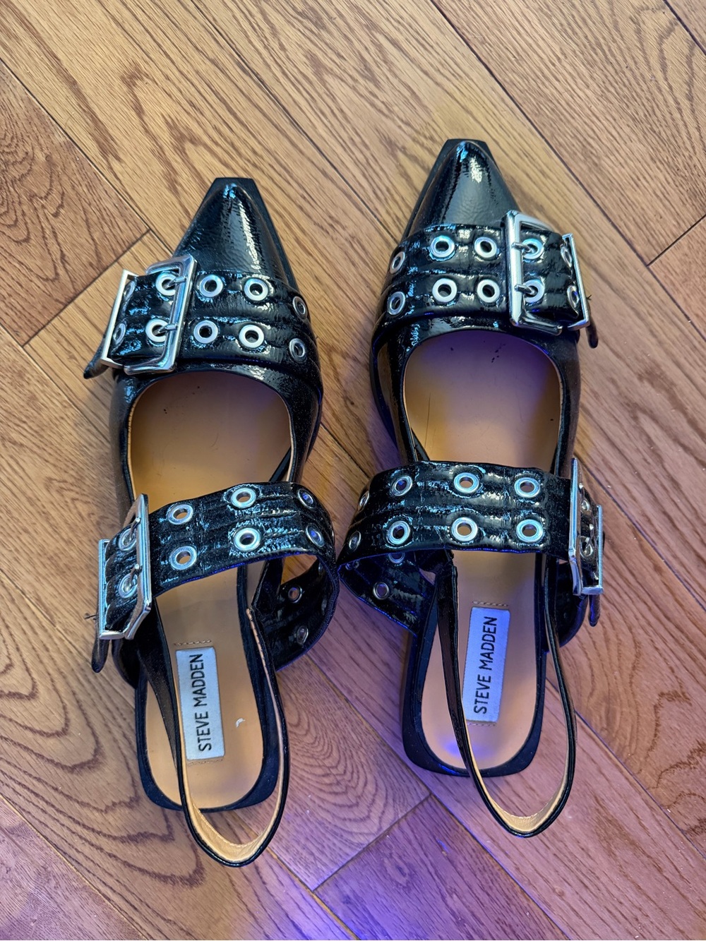 Steve Madden Black Patent Pointed Buckle Slingback Flats